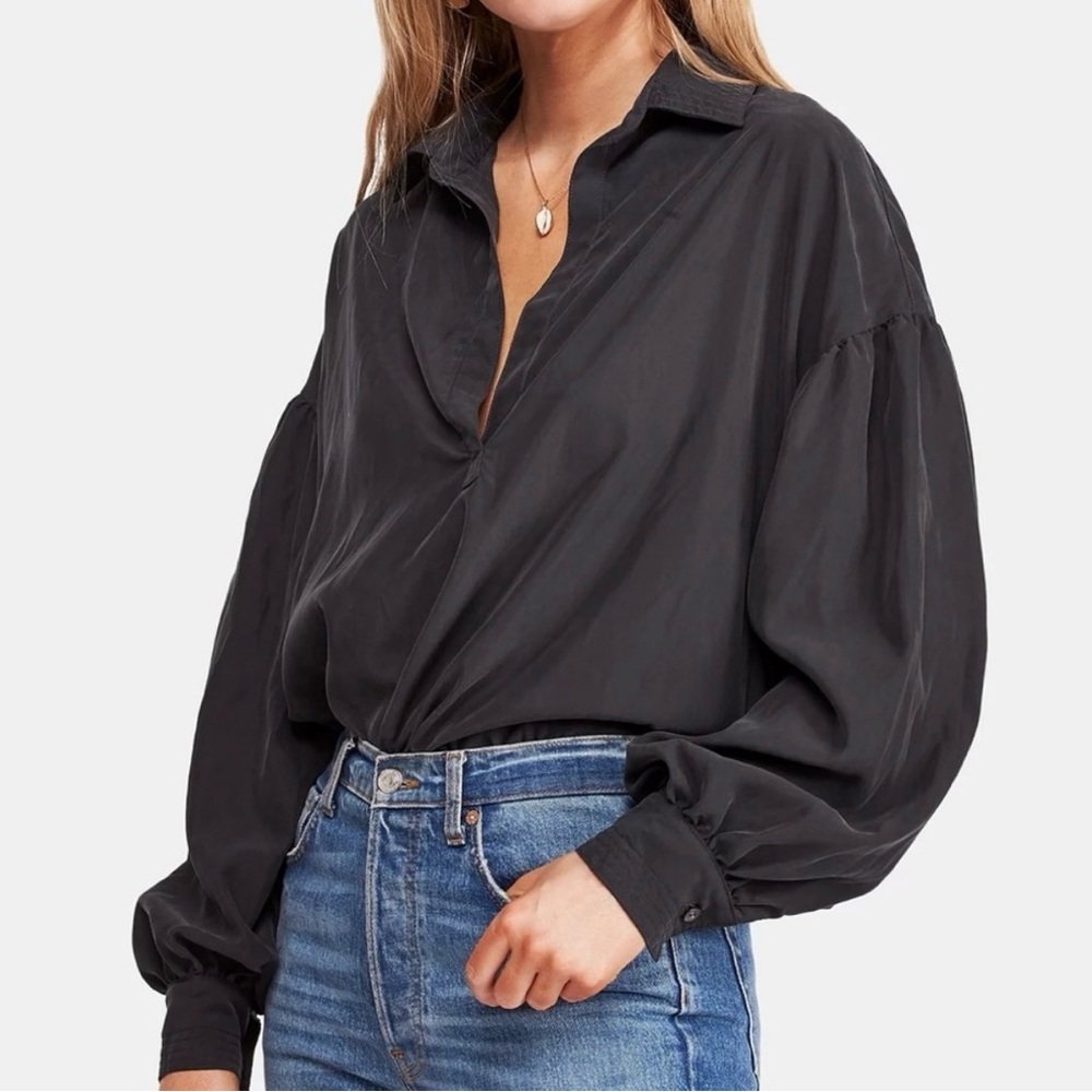 NWT Free People Love Until Tomorrow Long Blouson Sleeves Top Washed‎ Black XS